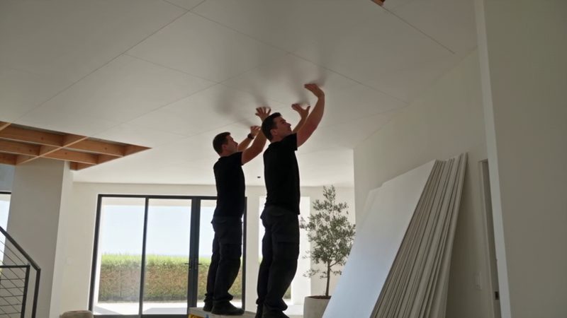 Two installers fitting ceiling boards to timber brandering in an open-plan room